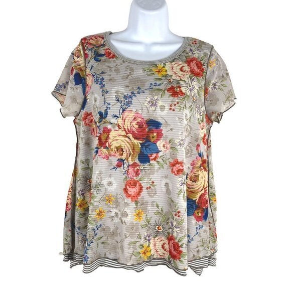 Sundance Top Women's Medium Floral Short Sleeve Mesh Multicolored TP-1963 - Picture 1 of 8